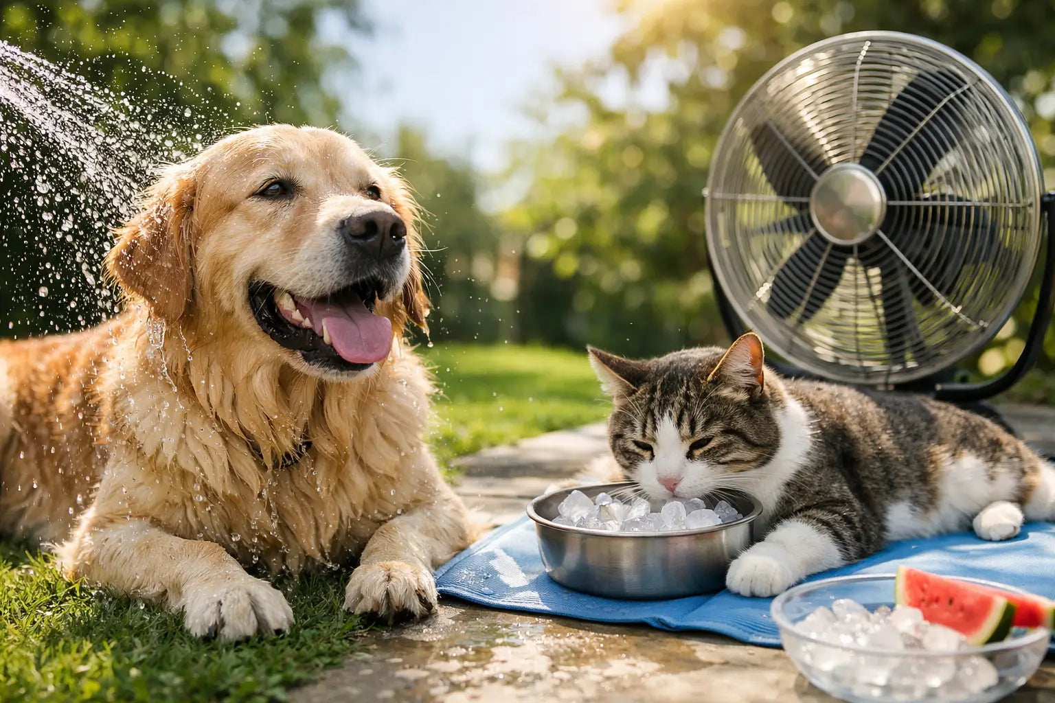 Dog and cat keeping cool beside a fan with fresh water during hot weather