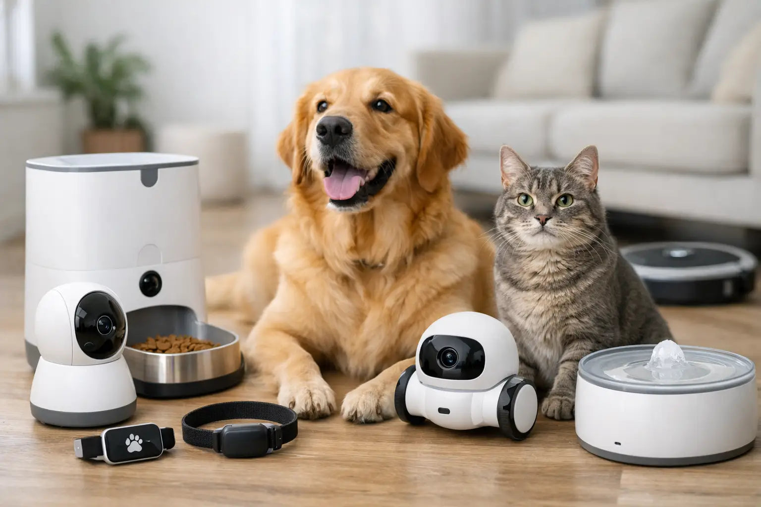 Dog and cat sitting beside smart pet technology including an automatic feeder, pet camera and robot vacuum