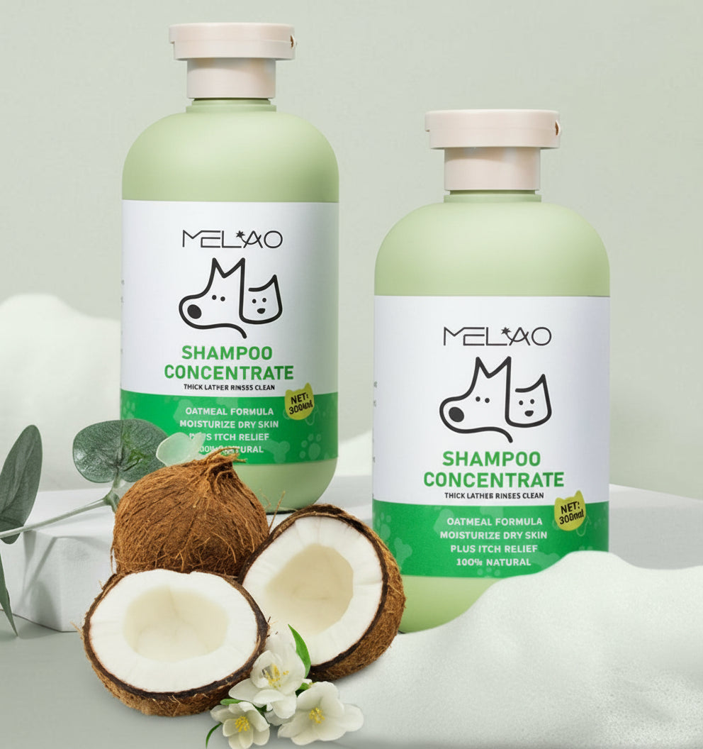 Two bottles of Meliao Shampoo Concentrate with coconuts and flowers on a light background