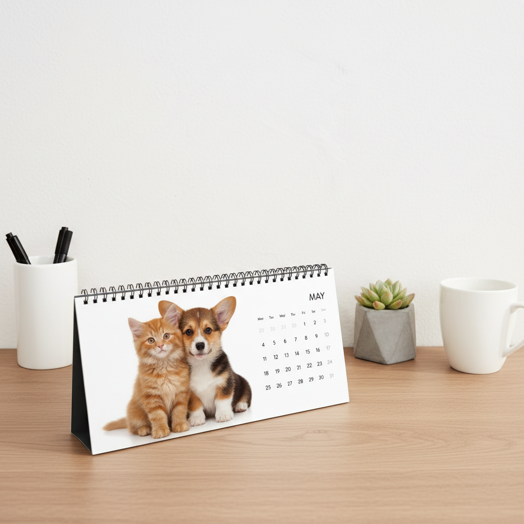 Tabletop calendar with a cat and dog on the cover, placed on a wooden surface.