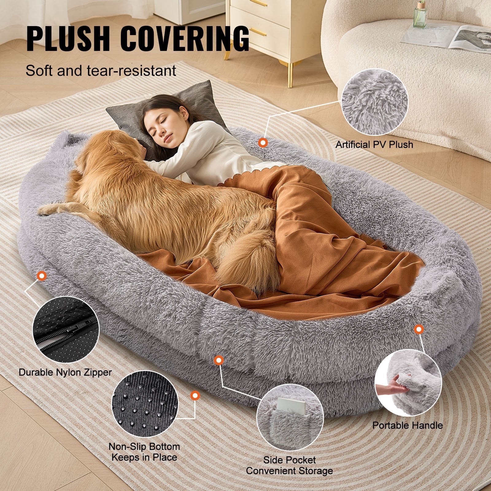 Human Size Dog Bed With Washable PV Velvet Cover - Pet Mode 