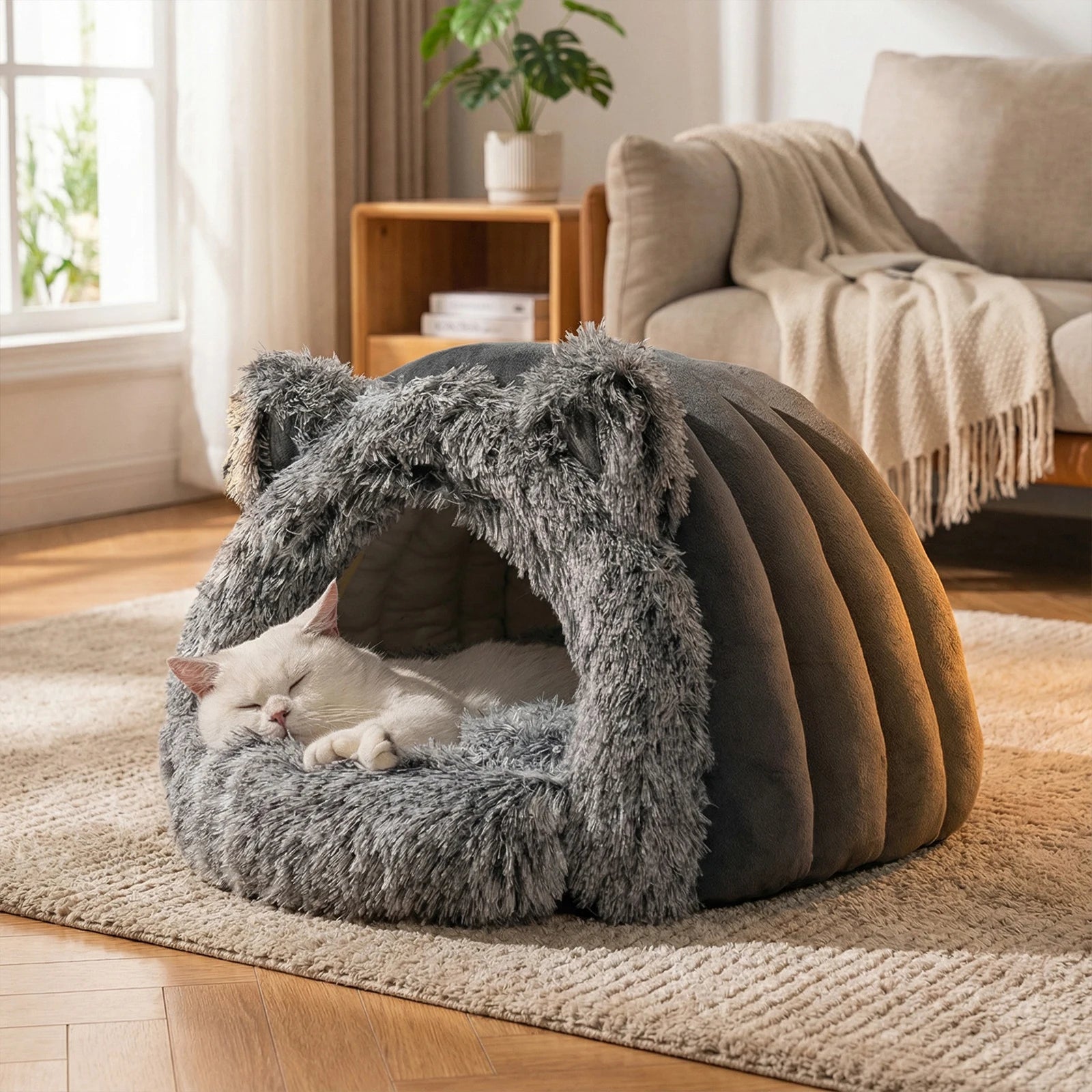 COZY Soft Plush Hooded Cat Bed
