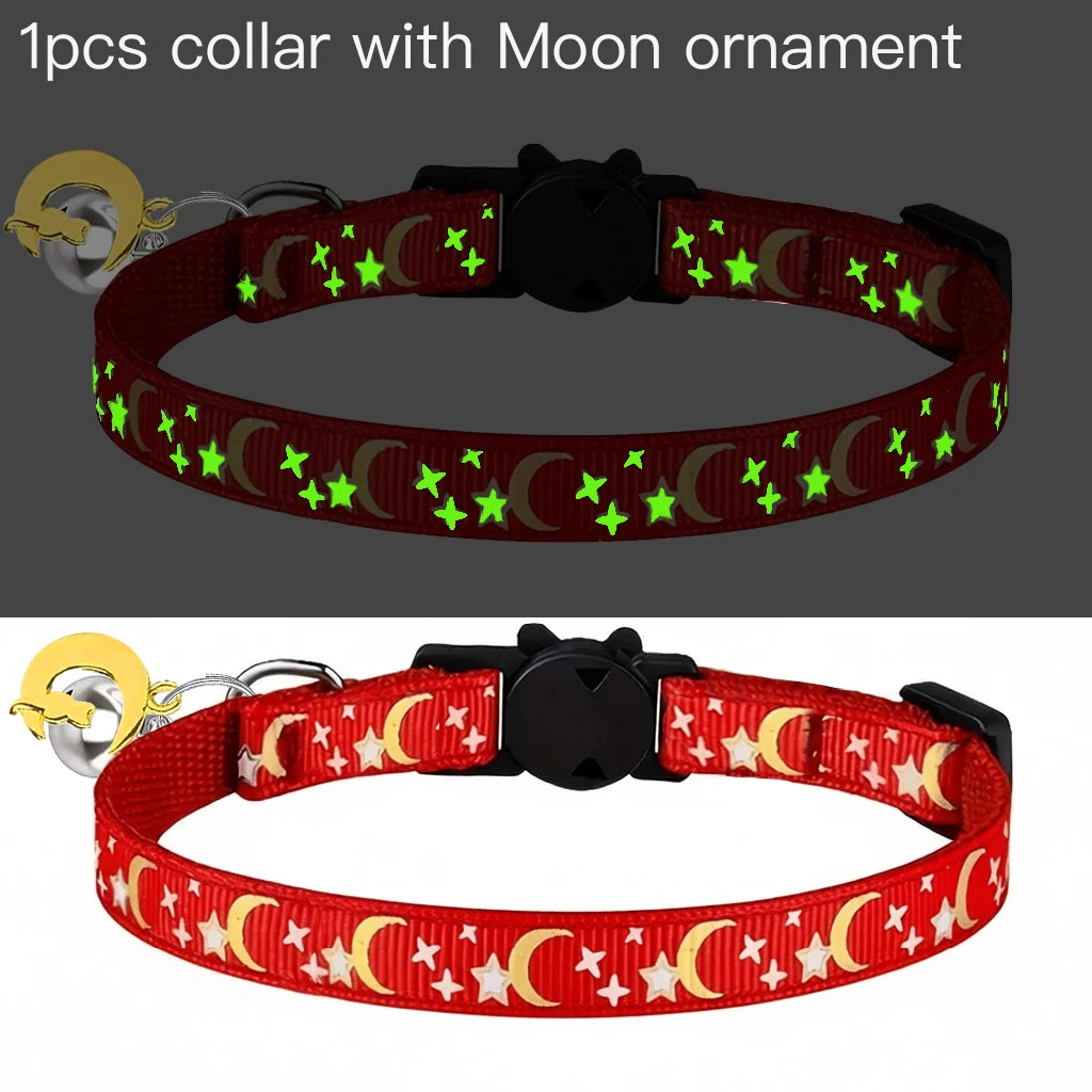 Glow in the Dark Pet Collar with Bell | Stars & Moon Design