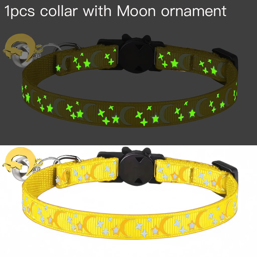 Glow in the Dark Pet Collar with Bell | Stars & Moon Design