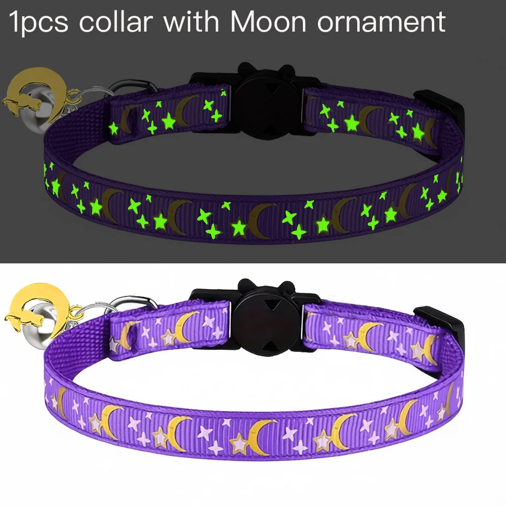 Glow in the Dark Pet Collar with Bell | Stars & Moon Design