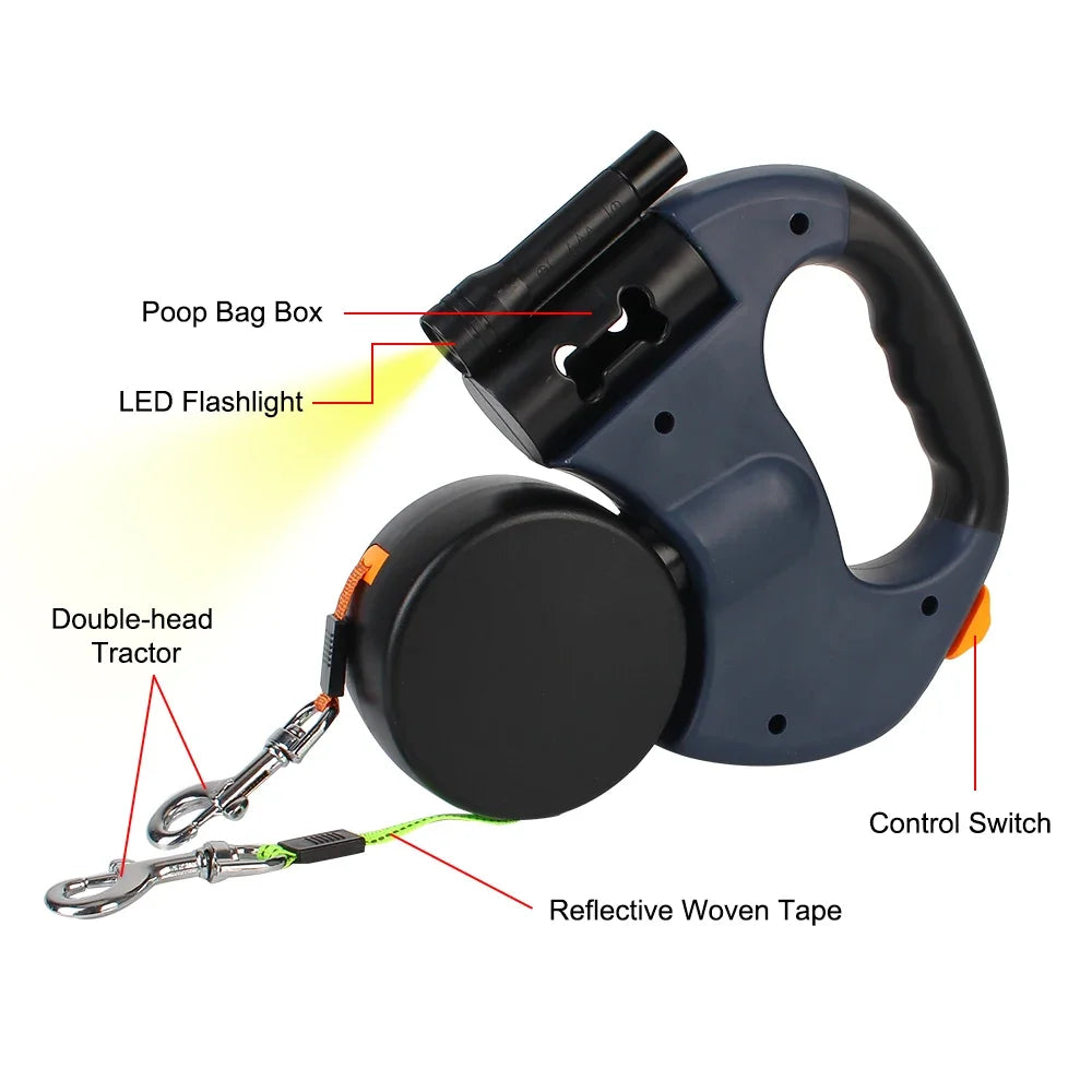 Premium Retractable Double Dog Leash | No-Tangle Dual Lead with LED Light