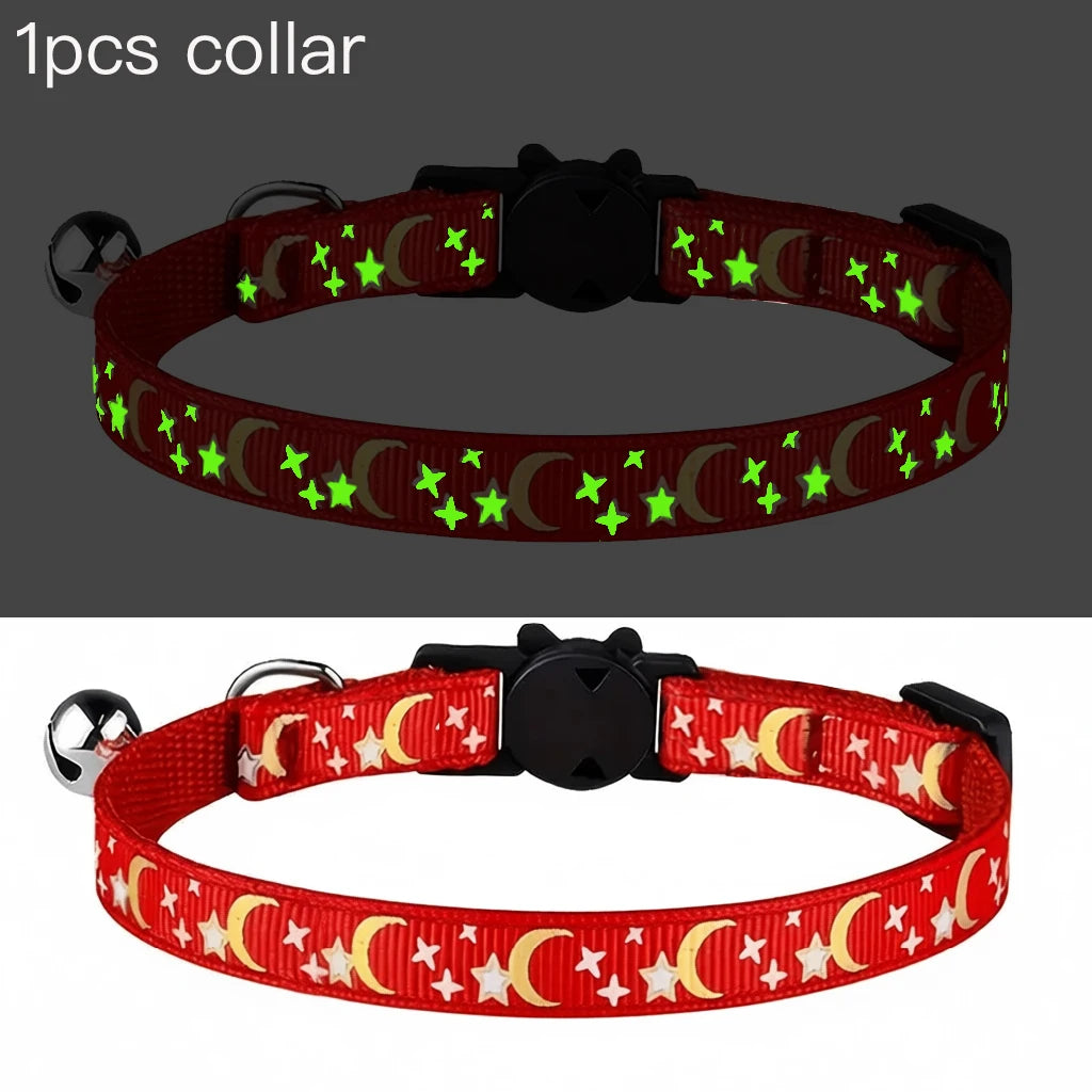 Glow in the Dark Pet Collar with Bell | Stars & Moon Design