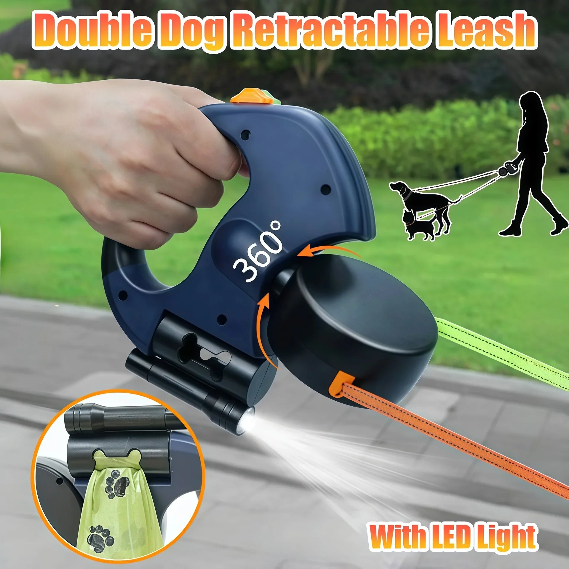 Premium Retractable Double Dog Leash | No-Tangle Dual Lead with LED Light