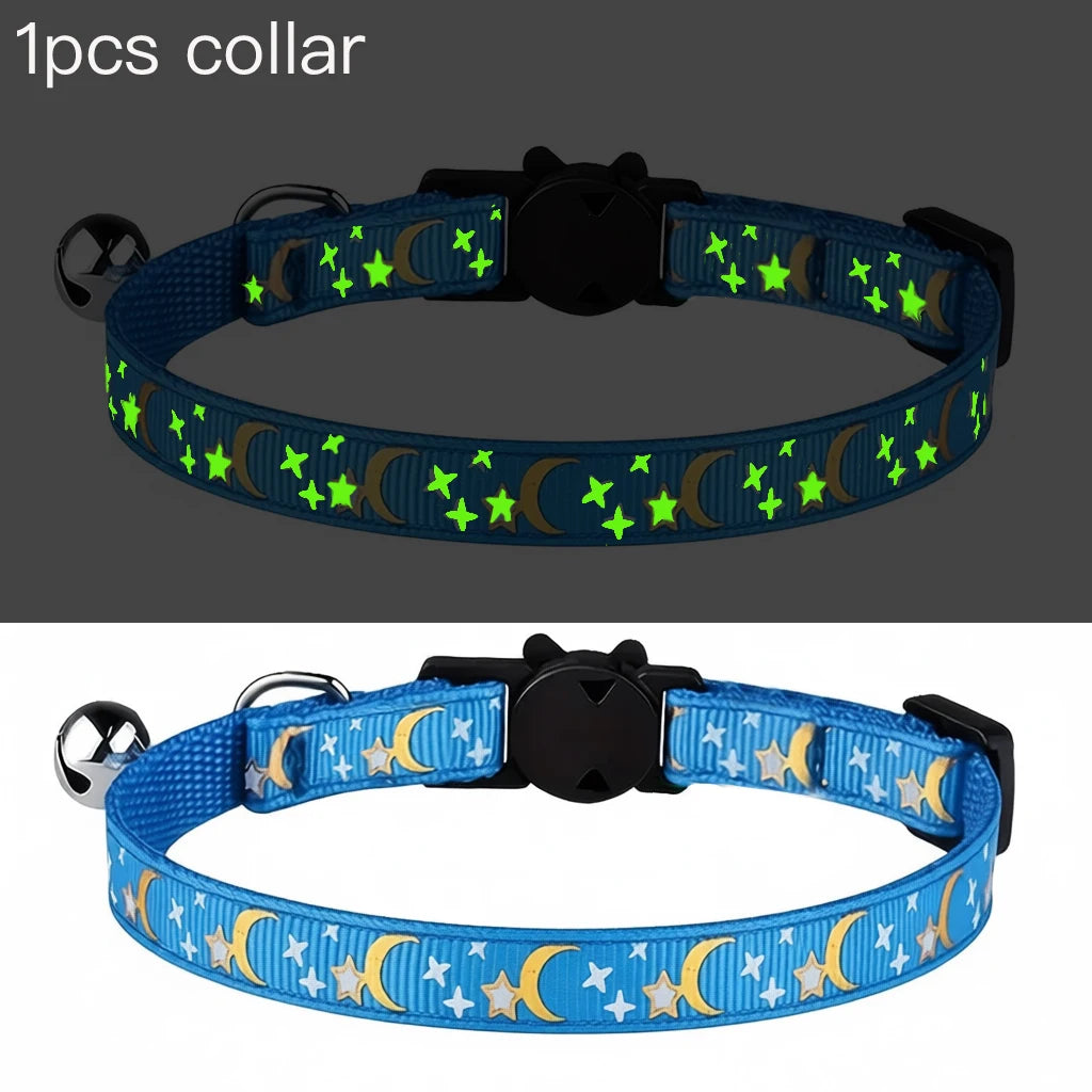 Glow in the Dark Pet Collar with Bell | Stars & Moon Design