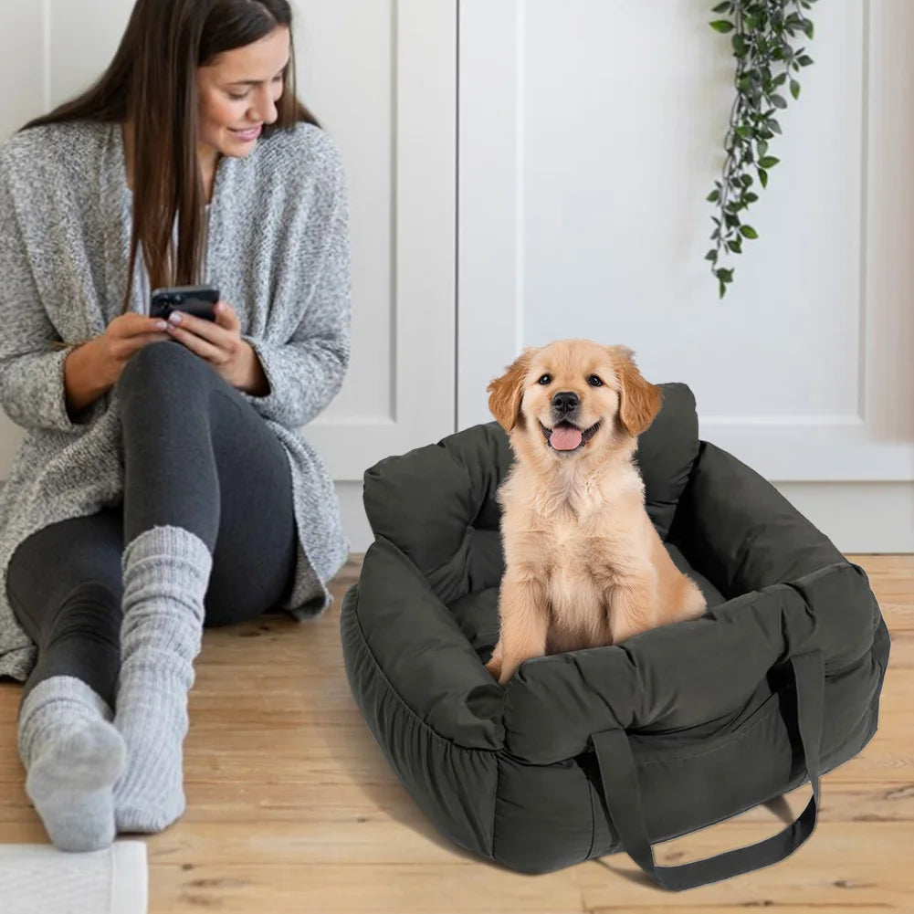 Dog Car Seat Bed for Small Dogs – Washable Booster Seat with Safety Straps & Storage Pockets