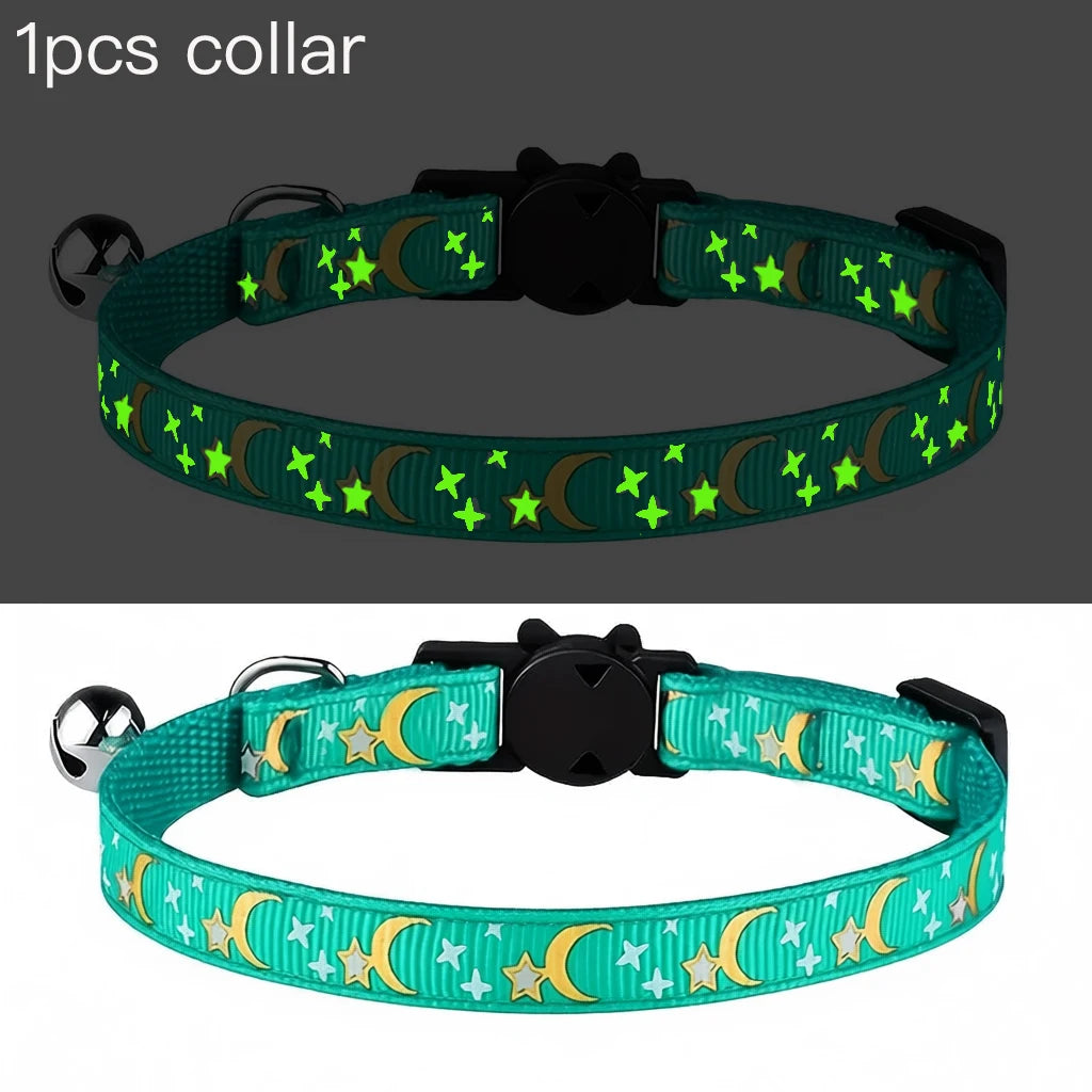 Glow in the Dark Pet Collar with Bell | Stars & Moon Design
