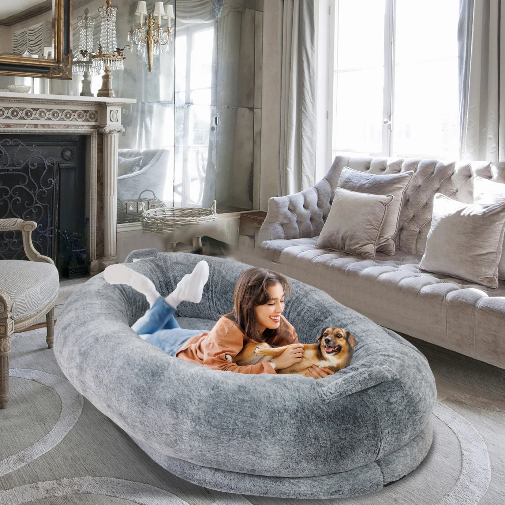 Human-Sized Dog Bed with Blanket – Extra Large Orthopedic Pet Sofa Bed for Dogs & Pet Lovers