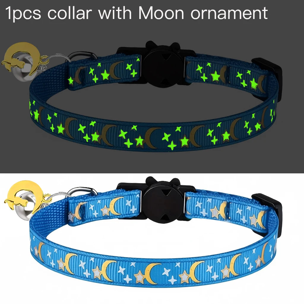 Glow in the Dark Pet Collar with Bell | Stars & Moon Design