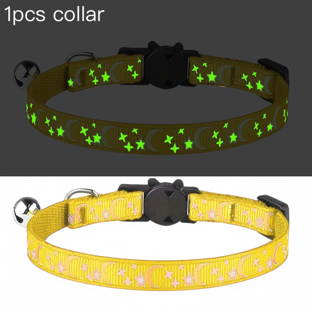 Glow in the Dark Pet Collar with Bell | Stars & Moon Design