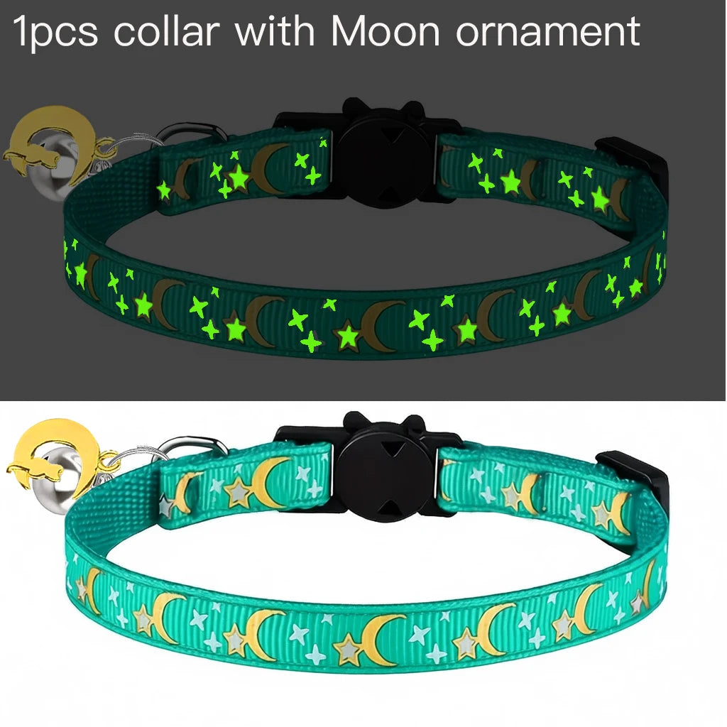 Glow in the Dark Pet Collar with Bell | Stars & Moon Design