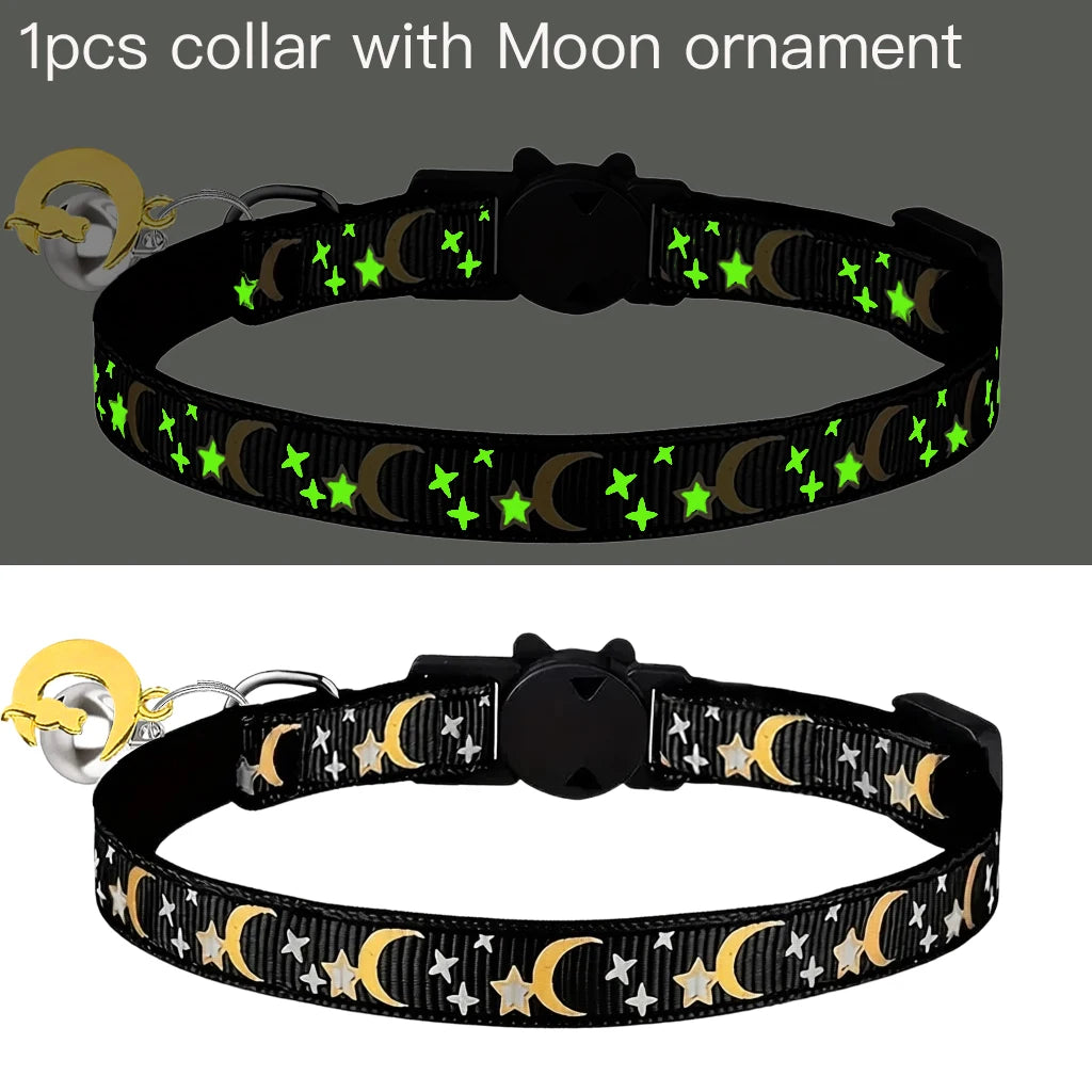 Glow in the Dark Pet Collar with Bell | Stars & Moon Design