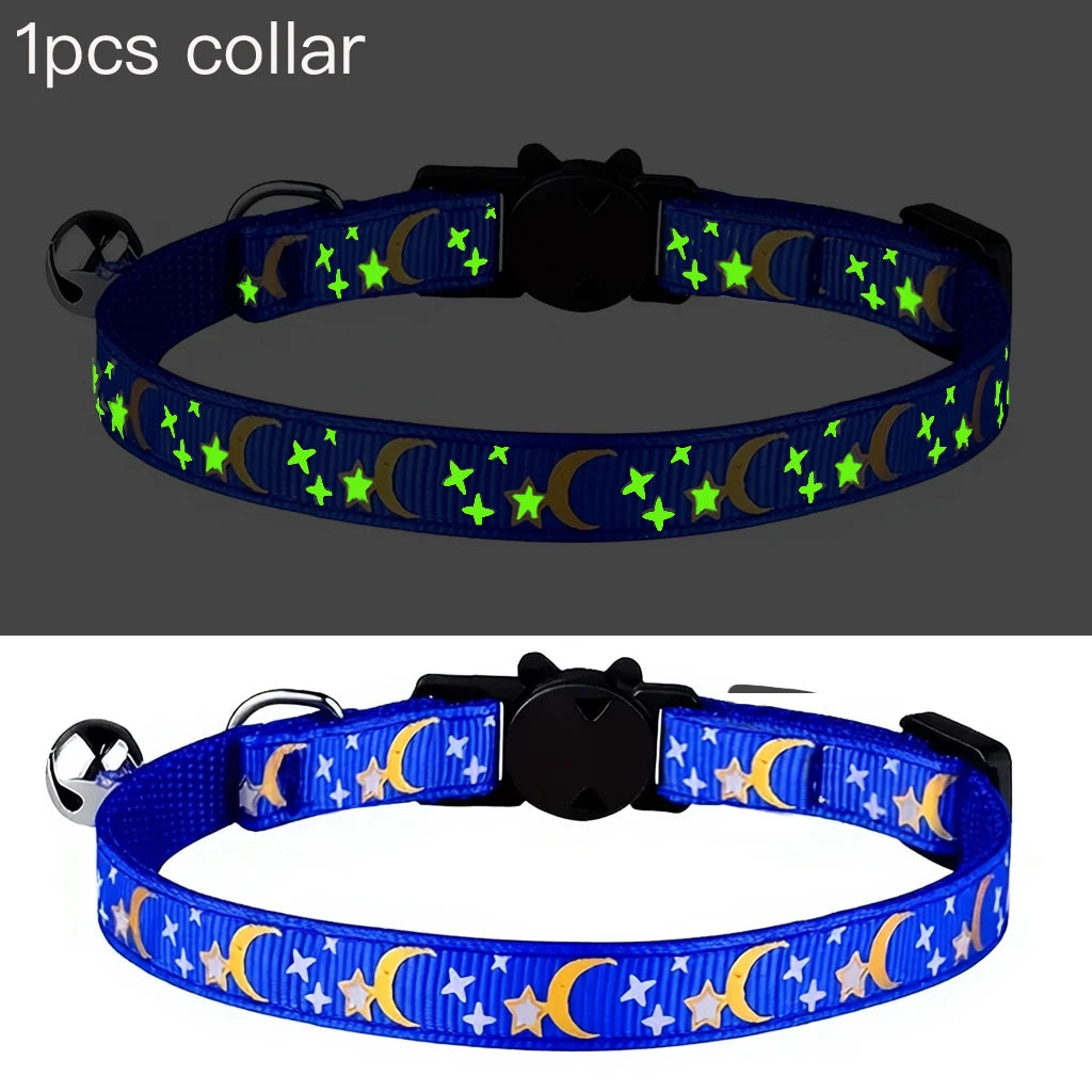 Glow in the Dark Pet Collar with Bell | Stars & Moon Design