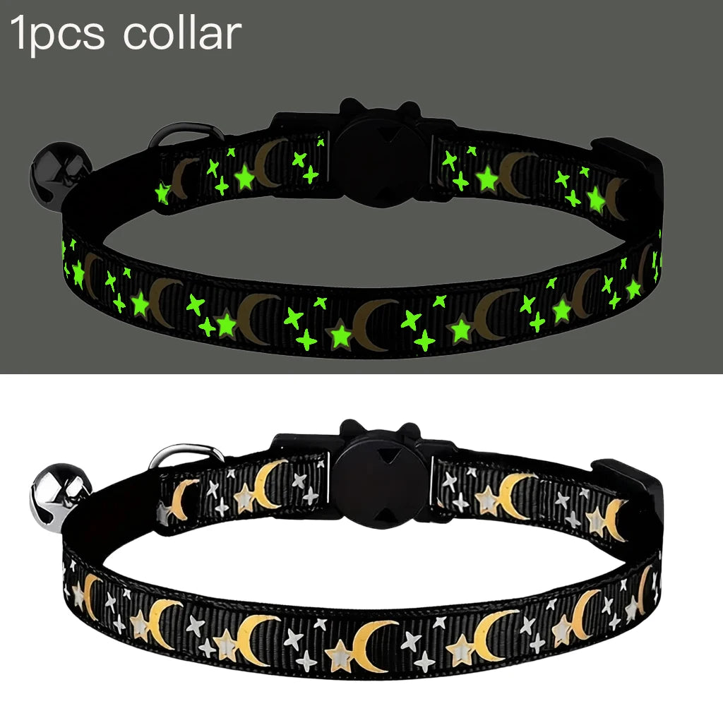 Glow in the Dark Pet Collar with Bell | Stars & Moon Design