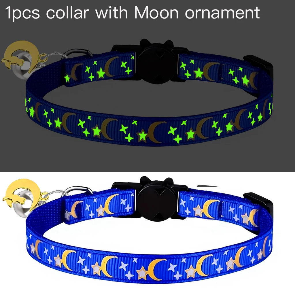 Glow in the Dark Pet Collar with Bell | Stars & Moon Design