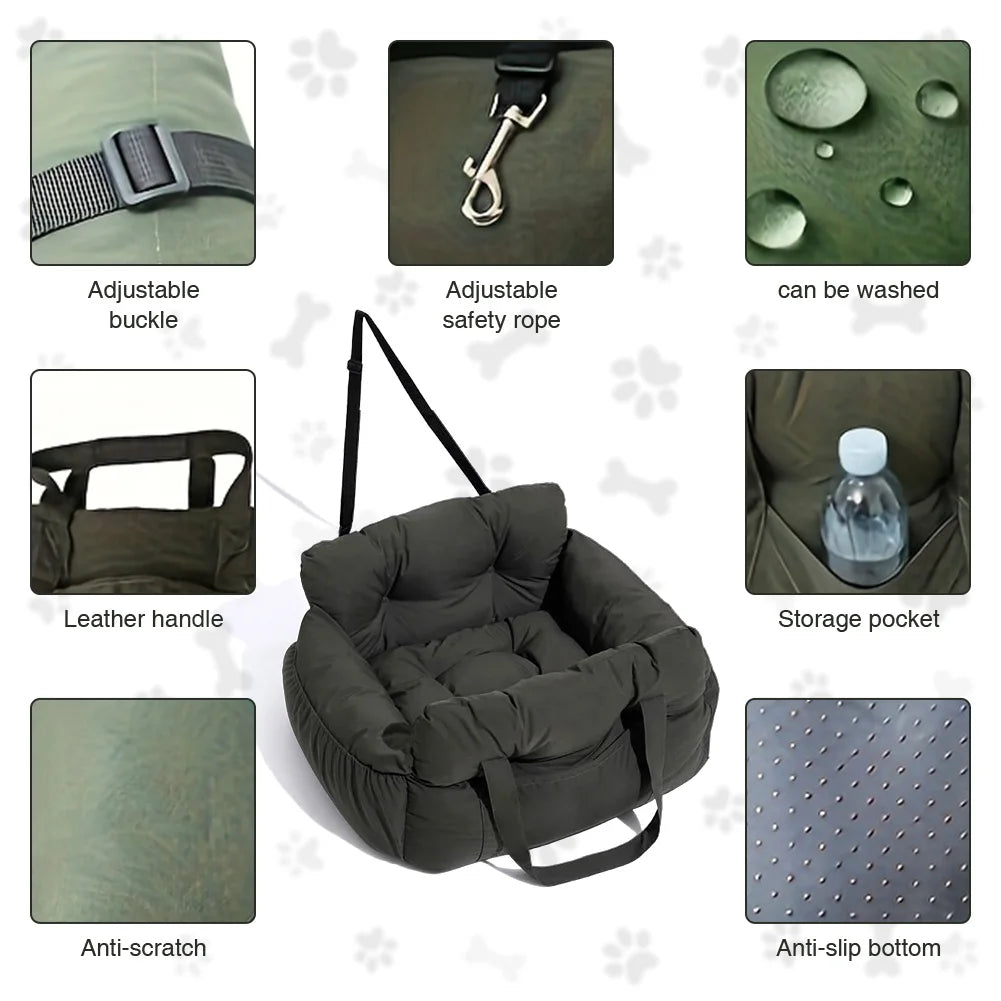 Dog Car Seat Bed for Small Dogs – Washable Booster Seat with Safety Straps & Storage Pockets