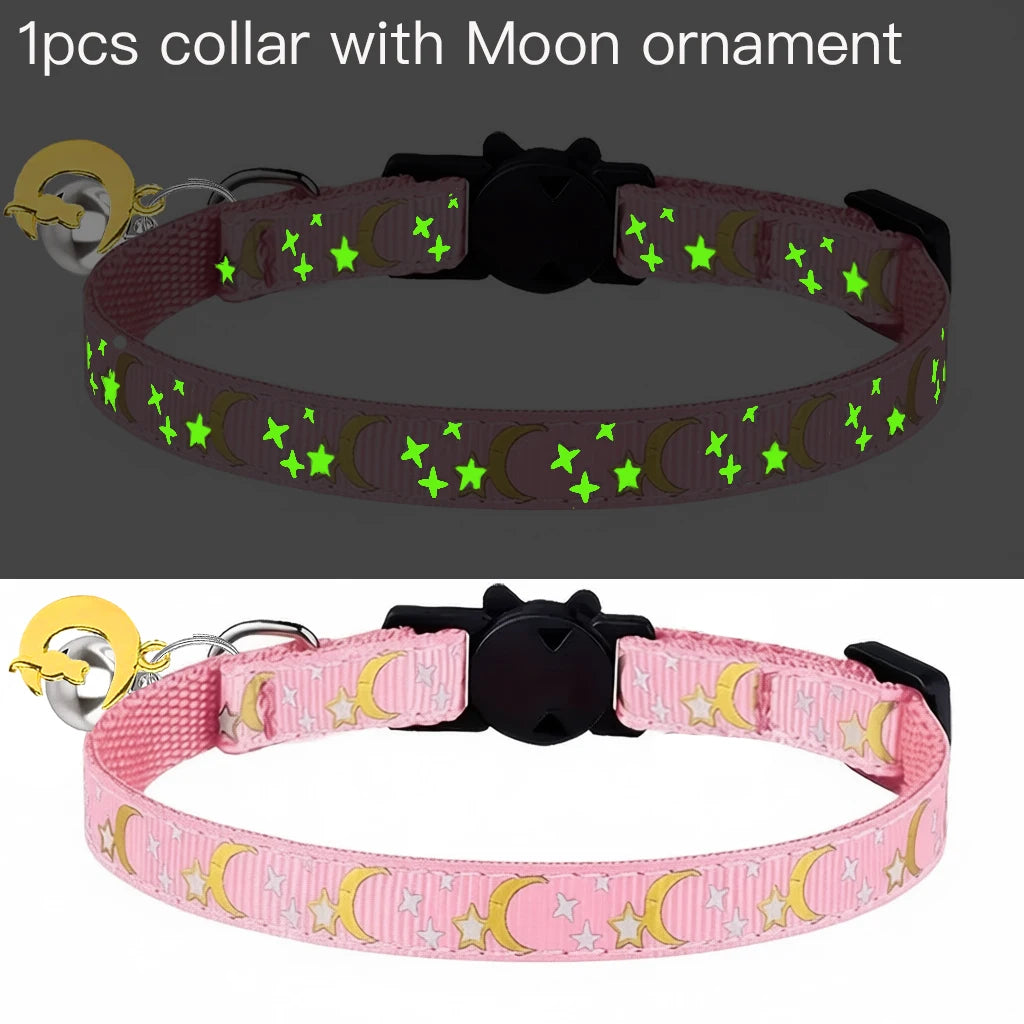 Glow in the Dark Pet Collar with Bell | Stars & Moon Design