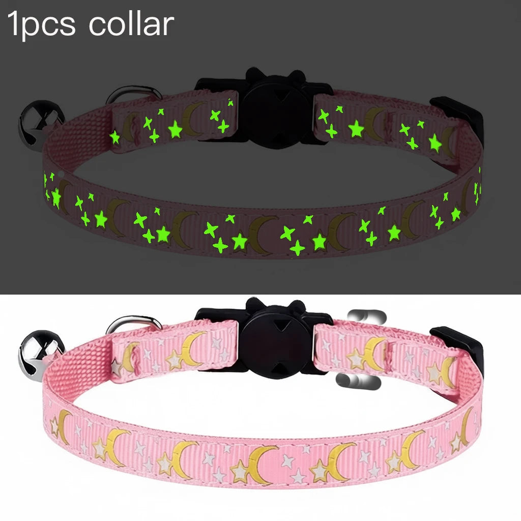 Glow in the Dark Pet Collar with Bell | Stars & Moon Design