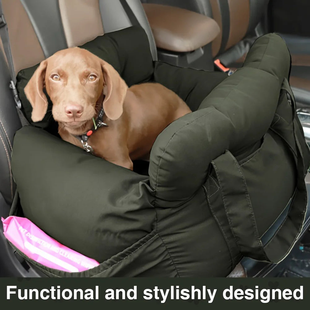 Dog Car Seat Bed for Small Dogs – Washable Booster Seat with Safety Straps & Storage Pockets