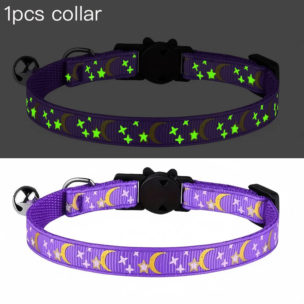 Glow in the Dark Pet Collar with Bell | Stars & Moon Design