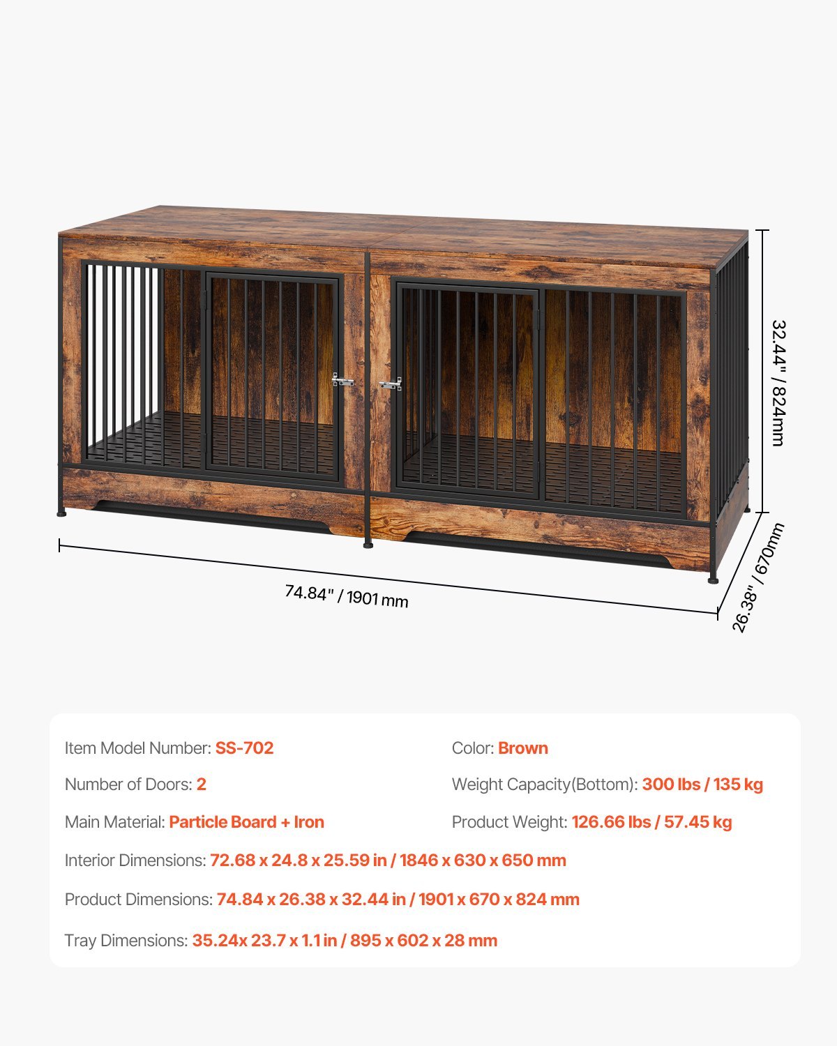 75" Double Dog Crate Furniture - Pet Mode 